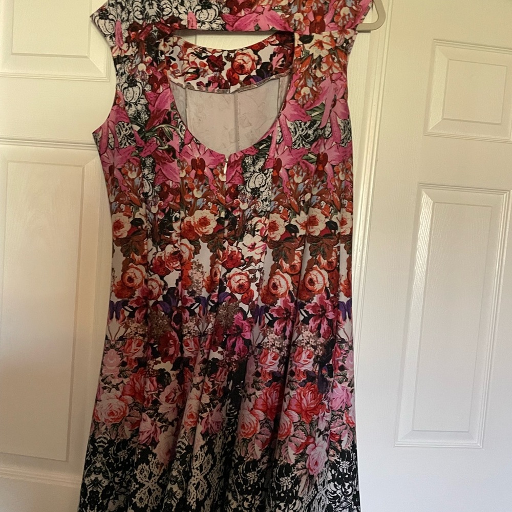 Pink, black and white dress